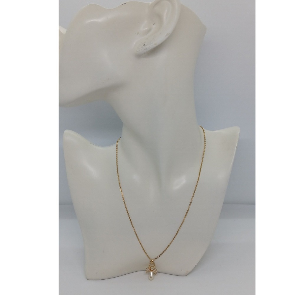 Gold Tone Angel Pendant Necklace Faux Pearl Teardrop Wings 9.5" Cable Chain #25